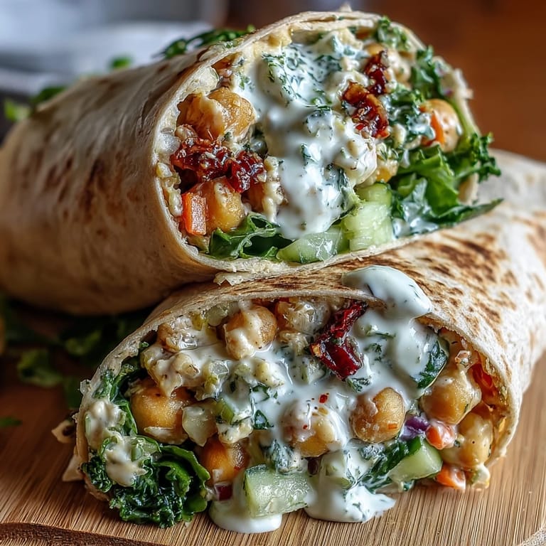 Hand holding a fresh Vegan Lemon Tahini Chickpea Wrap, drizzled with lemon tahini dressing and paired with mixed salad.