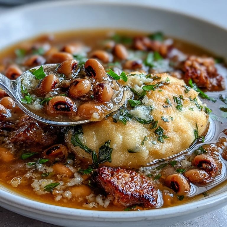 1. Schwarze Augenbohnen und Würstchenknödel in einem herzhaften Südstaaten-Eintopf mit fluffigen Maismehlklößen.