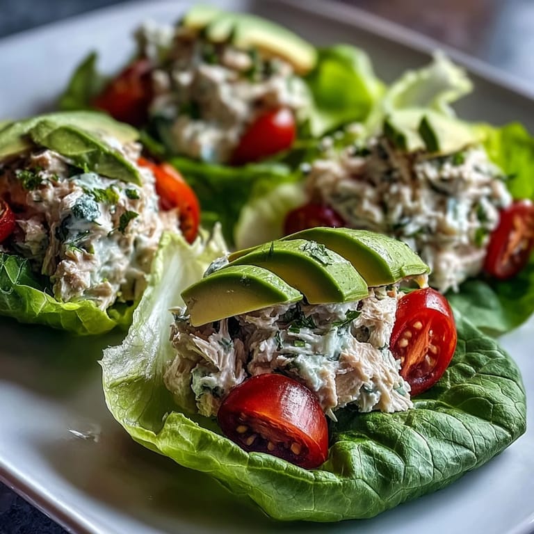 1. Proteinreiche Thunfischsalat-Salatherzen mit Avocado und Kirschtomaten für eine gesunde, glutenfreie Mahlzeit.