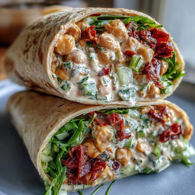 2. Cremige Kichererbsensalat-Wraps mit sonnengetrockneten Tomaten, Sellerie und Petersilie – ein proteinreiches veganes Hauptgericht.