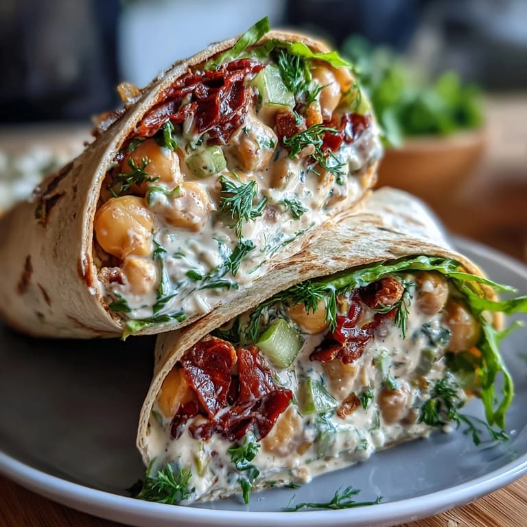 3. Farbenfrohe Wraps gefüllt mit würzigem Kichererbsensalat, knackigen Gurken und Karotten – perfekt für ein leichtes veganes Mittagessen.