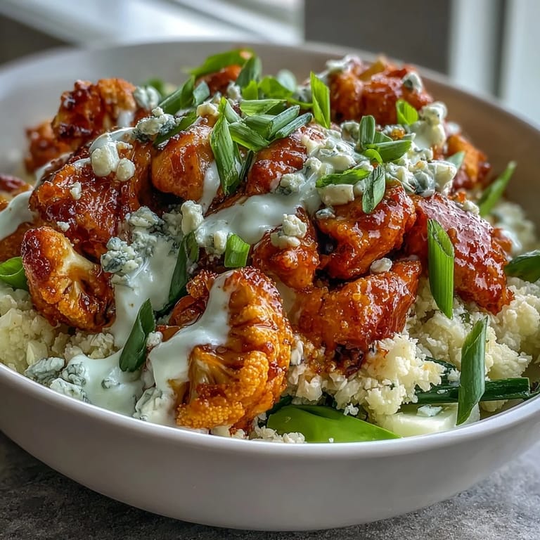 Scharfe Buffalo Chicken Cauliflower Rice Bowls mit saftigem Hühnchen, frischem Gemüse und erfrischendem Ranch-Dressing für ein köstliches Keto-Mahl.