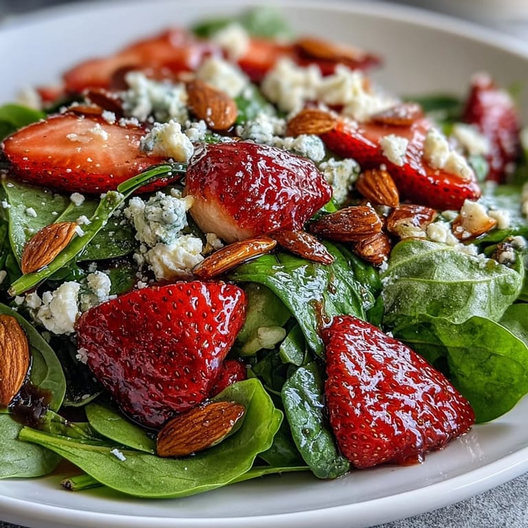 3. Erfrischender Erdbeer-Spinatsalat mit Feta-Käse, gerösteten Mandeln und einer Honig-Balsamico-Vinaigrette.
