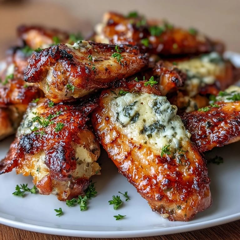 Goldbraune, saftige Hähnchenflügel, geworfen in einer aromatischen Knoblauch-Parmesan-Butter, garniert mit frischem Petersilie und serviert mit Sellerie und Ranch-Dressing.