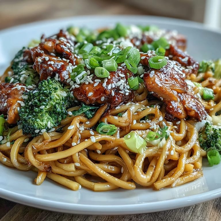 1. Sticky Garlic Chicken Noodles in a skillet with tender chicken, crisp vegetables, and glossy garlic-honey soy sauce, garnished with sesame seeds and green onions.  