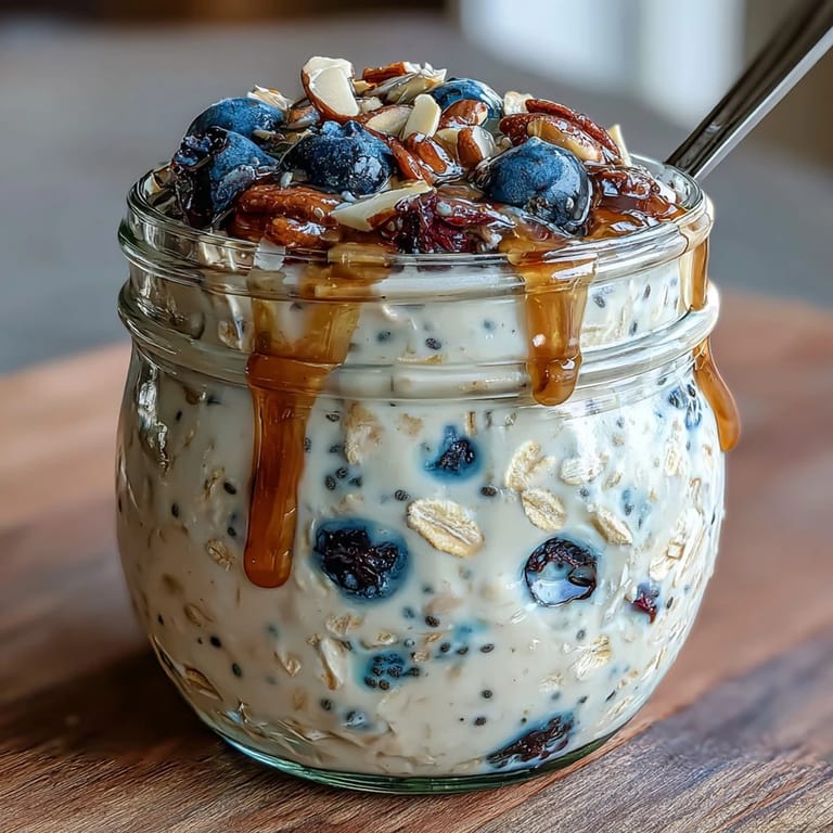 Vier nahrhafte Frühstücksgläser mit griechischem Joghurt, Honig und knackigen Mandelscheiben.