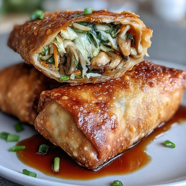 Frisch zubereitete Gemüse-Eierrollen aus dem Air Fryer, serviert mit einer glänzenden, aromatischen Soja-Ingwer-Glasur für extra Geschmack.