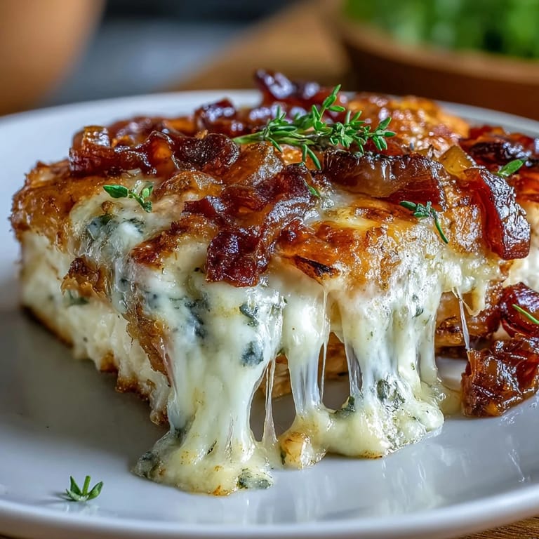 1. Französisches Zwiebelhühnchen mit geschmolzenem Gruyère - goldbraune, käsig überbackene Hähnchenbrust mit karamellisierten Zwiebeln