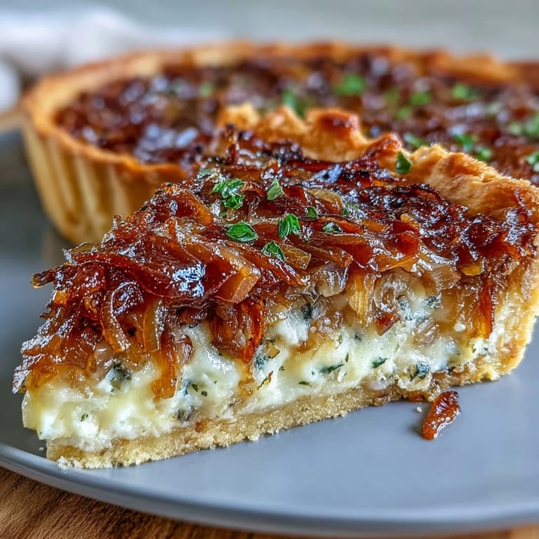 Herzhafte Tarte mit süßen karamellisierten Zwiebeln und nussigem Gruyère-Käse, perfekt für ein raffiniertes Mittagessen.  