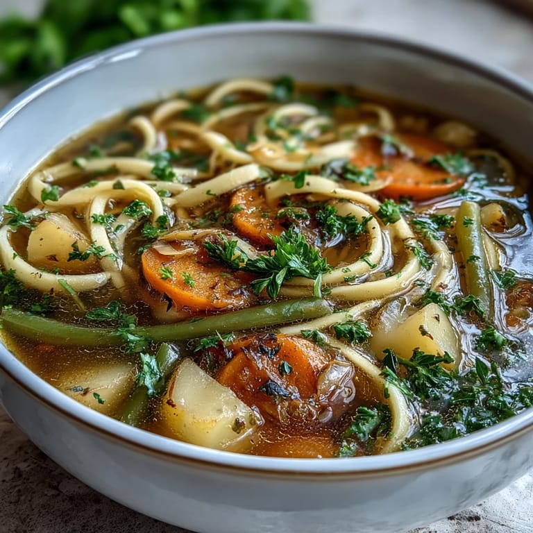 Gemüsenudelsuppe in Holzlöffel serviert, mit leuchtenden grünen Bohnen und duftenden Kräutern garniert.