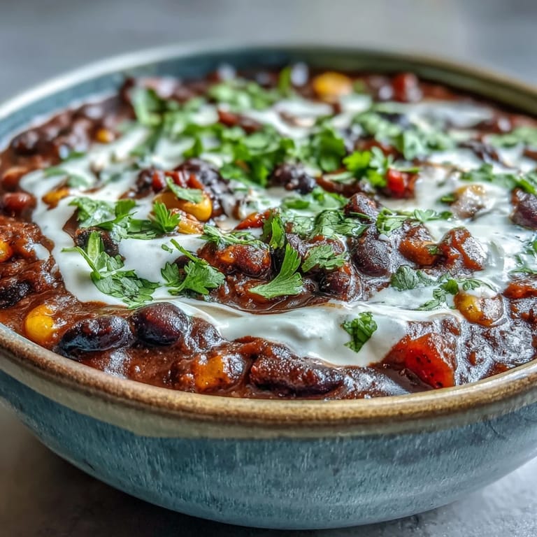 Dampfendes vegetarisches Chili mit schwarzen Bohnen, Mais und roter Paprika, serviert mit Limettencreme.  