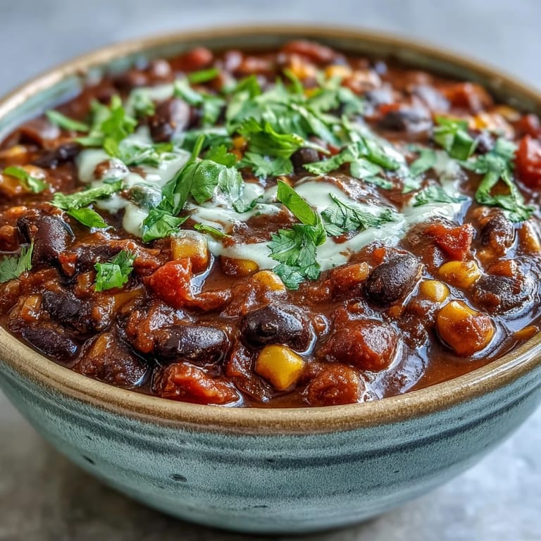 Farbintensives schwarzes Bohnen-Chili mit süßem Mais und rauchigen Gewürzen, abgerundet durch cremige Limettencreme.