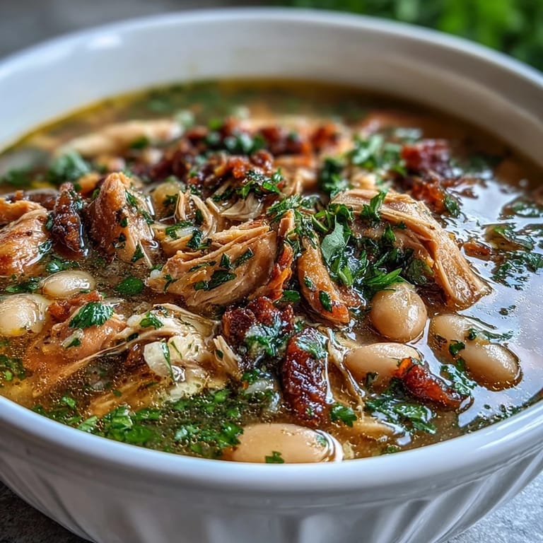 Dampfende weiße Bohnen- und Putensuppe mit Thymian und Rosmarin, garniert mit frischer Petersilie.