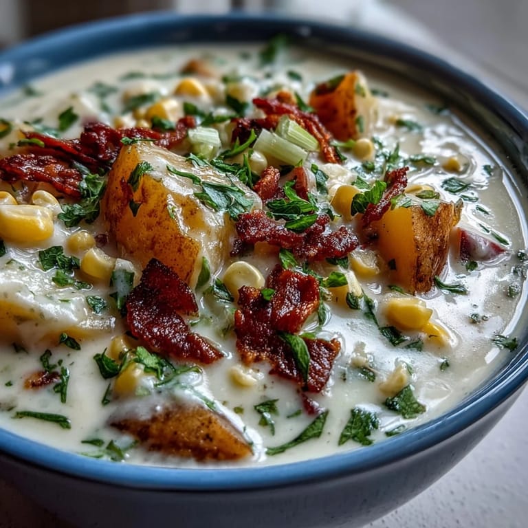 Wohltuendes Schinken-Kartoffel-Chowder mit Sellerie und Mais, perfekt für ein gemütliches Abendessen mit knusprigem Brot.
