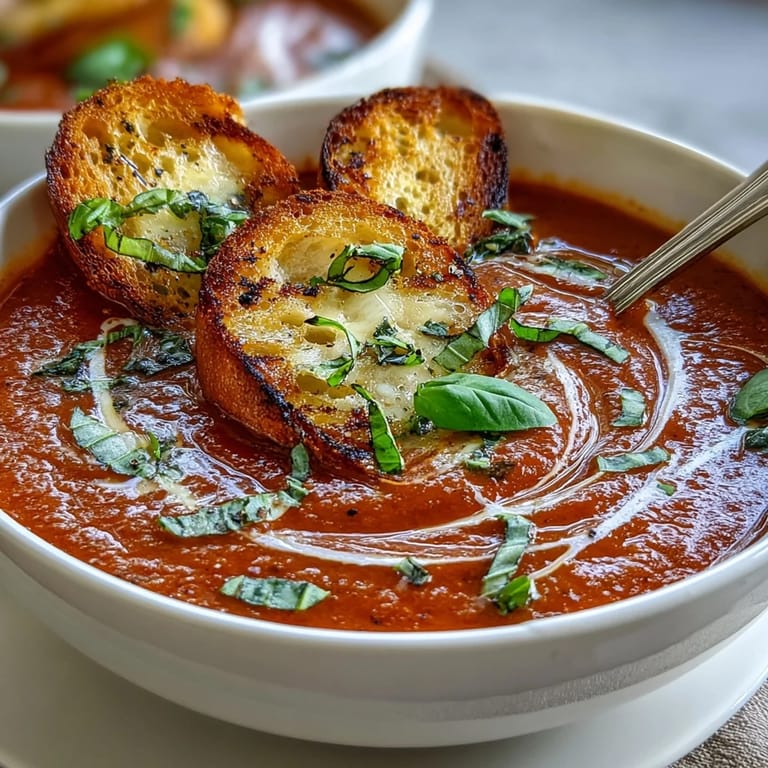 Velvety Tomatensuppe mit aromatischem Basilikum, begleitet von goldenen, knusprigen Sauerteig-Dippern.