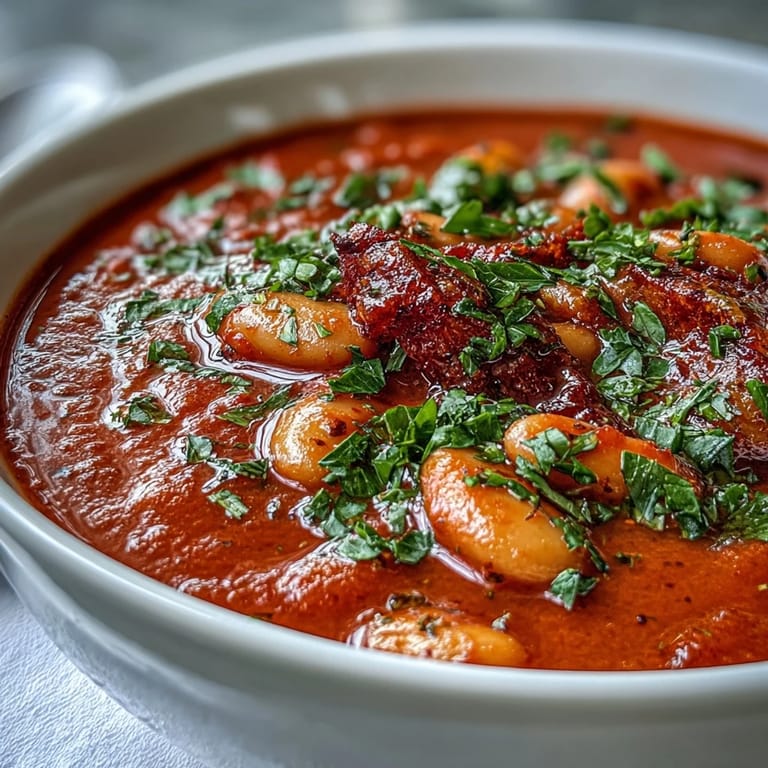 Lebendige, glatte Suppe mit süßen gerösteten Paprika, weißen Bohnen und aromatischen Kräutern, serviert mit knusprigem Brot.