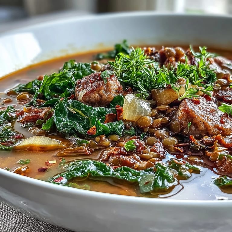 Rote Linsen und Grünkohl in einer herzhaften Wurstsuppe mit rauchigem Paprika und einer Prise Chili.