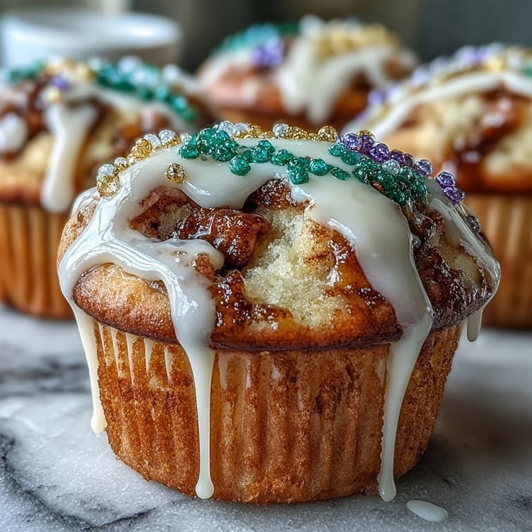 Bunte King Cake Cupcakes mit Zimtfüllung: Kleine Cupcakes mit Zimtschnecken, glasiert und mit grünem, lila und goldenem Zucker dekoriert.  