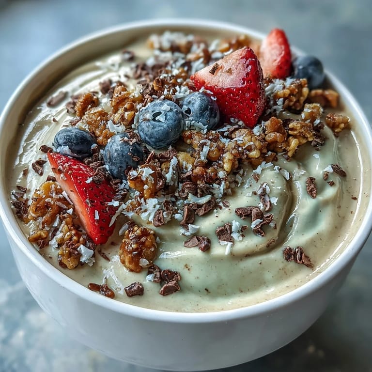 Vanille-Bohnen-Frappuccino-Smoothie-Bowl mit frischen Früchten und Kokosflocken, perfekt für ein erfrischendes Frühstück.