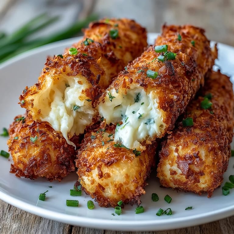 Luftfrittierte Kartoffel-Kroketten mit knuspriger Cornflakes-Panade, gefüllt mit cremigen, gewürzten Kartoffeln und grünen Zwiebeln.