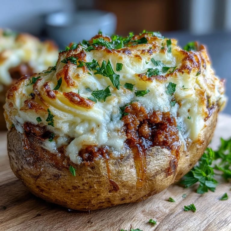 2. Fluffige Ofenkartoffeln gefüllt mit traditionellem Shepherds Pie Ragout, überbacken mit cremiger Kartoffelpüree und frischer Petersilie.