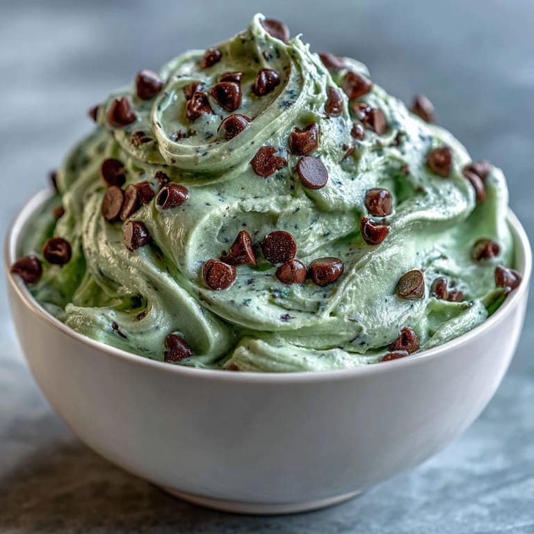 Frisch zubereiteter Minz-Schokoladen-Chip-Dip mit leuchtend grüner Farbe und Mini-Schokostückchen.