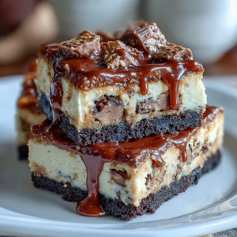 Sinnliche Erdnussbutter-Käsekuchenriegel mit knuspriger Schokoladen-Keksboden und zartschmelzender Füllung.