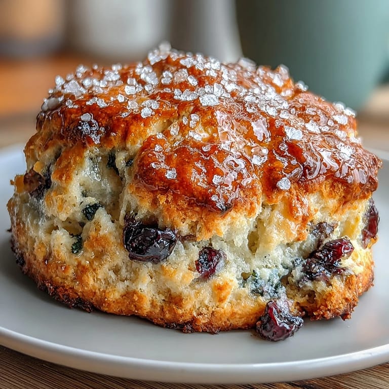 Goldbraune Sauerteig-Heidelbeer-Scones mit knuspriger Zuckerkruste, serviert mit einer Tasse Tee.