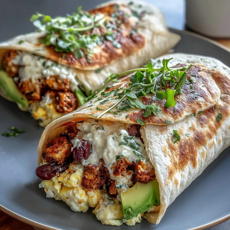 Knusprige Vollkorn-Tortillas umhüllen eine Mischung aus Eiern, Puten-Füllung, Spinat und Käse für perfekte High-Protein-Frühstücksburritos.