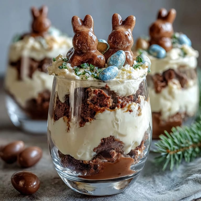 2. Festliche Oster-Desserts in Gläsern mit Schokoladenpudding, zerbröselten Keksen und bunten Schokoeiern für eine fröhliche Tafel.