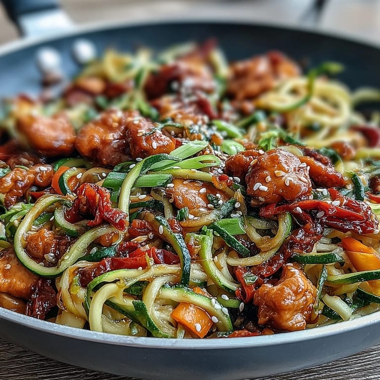 Gesundes, einfaches Zucchininudel-Pfannengericht mit Hühnchen, garniert mit frischem Gemüse und einer würzigen, aromatischen Sauce für ein perfektes Low-Carb-Essen.