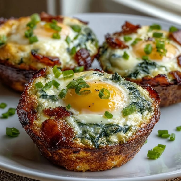 Muffin-Form mit grünen Spinat-Eiern, Schinkenbechern und goldgelbem Käse für einen bunten Start in den Tag.
