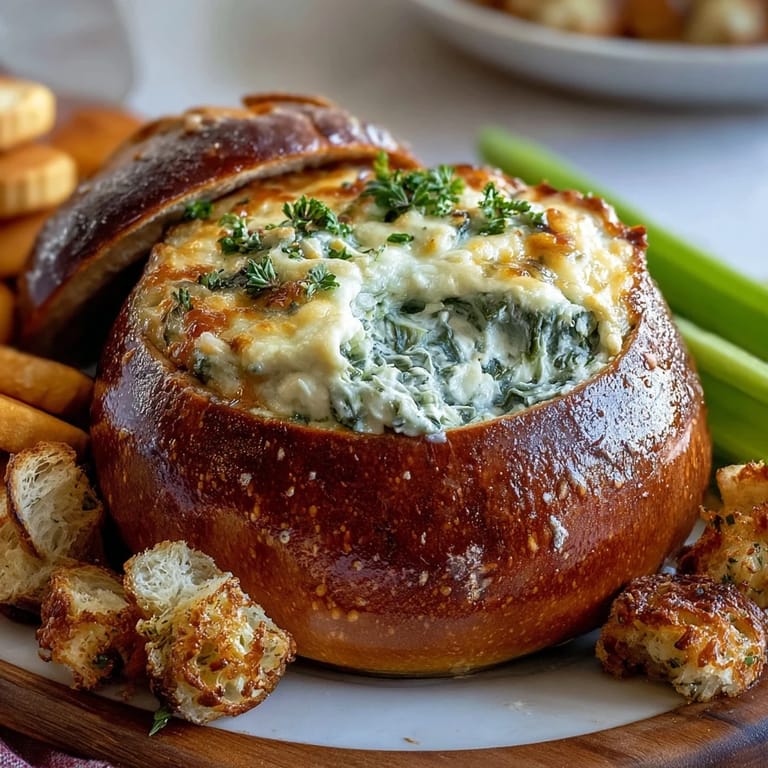 Goldene Sauerteigschüssel gefüllt mit cremigem Spinat-Artischocken-Dip, ideal für festliche Anlässe.