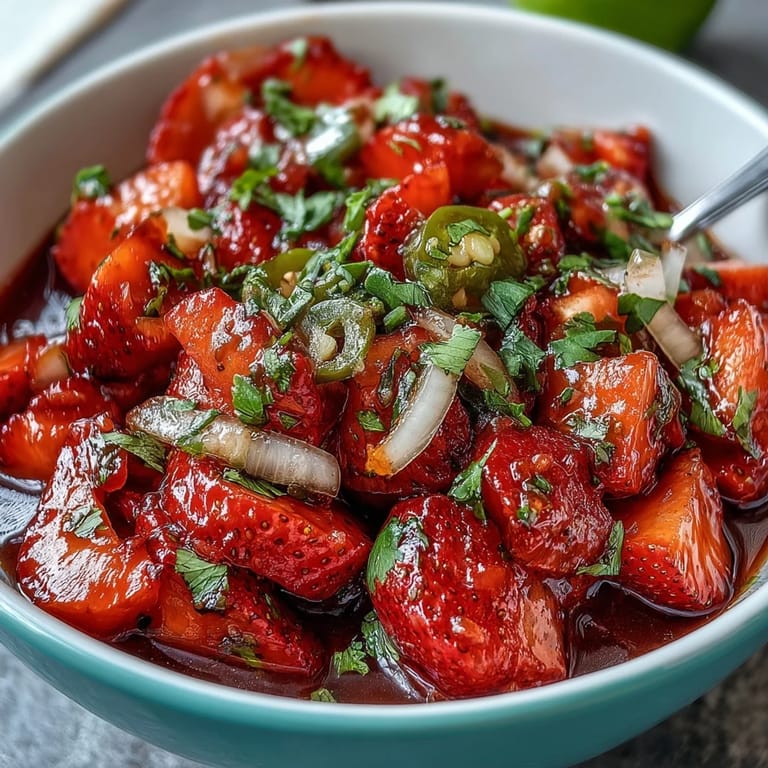 Lebhafte Erdbeer-Salsa mit Limette und Jalapeño, perfekt als Topping für Tacos oder als Party-Dip.
