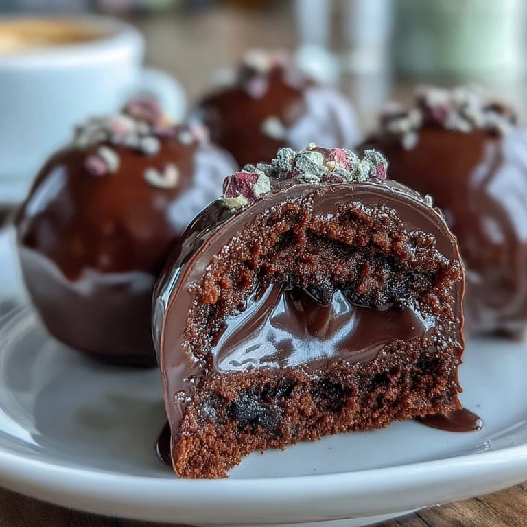 Verführerische Dubai-inspirierte Erdbeertrüffel, umhüllt von dunkler Schokolade, mit Pistazien und Rosenblüten dekoriert.