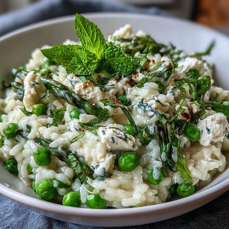Frühlingshafter Risotto mit grünen Erbsen, Minze und Parmesan, serviert in einer weißen Schale.