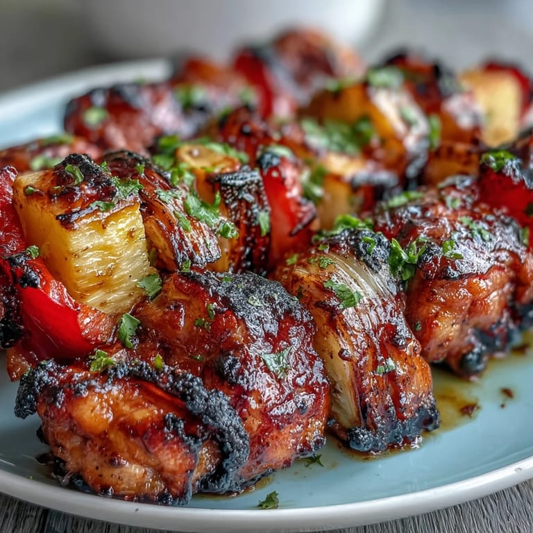 2. Farbenfrohe Chicken Pineapple Skewers mit gegrilltem Gemüse und süßer Ananas, ideal für festliche BBQs.  