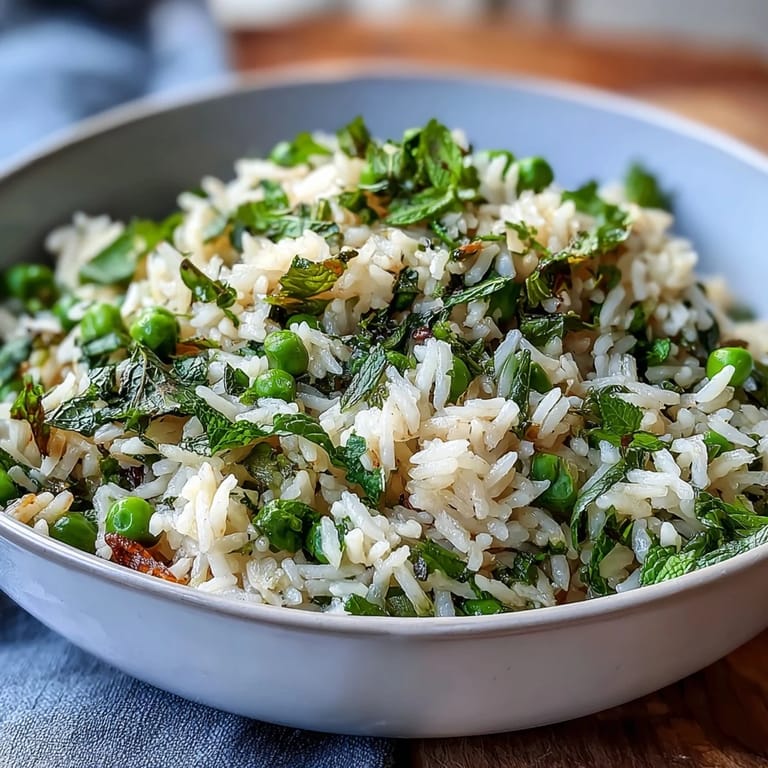 Duftender Spring Pea and Mint Rice Pilaf mit leuchtend grünen Erbsen und frischer Minze, serviert als leichtes, aromatisches Beilagengericht.