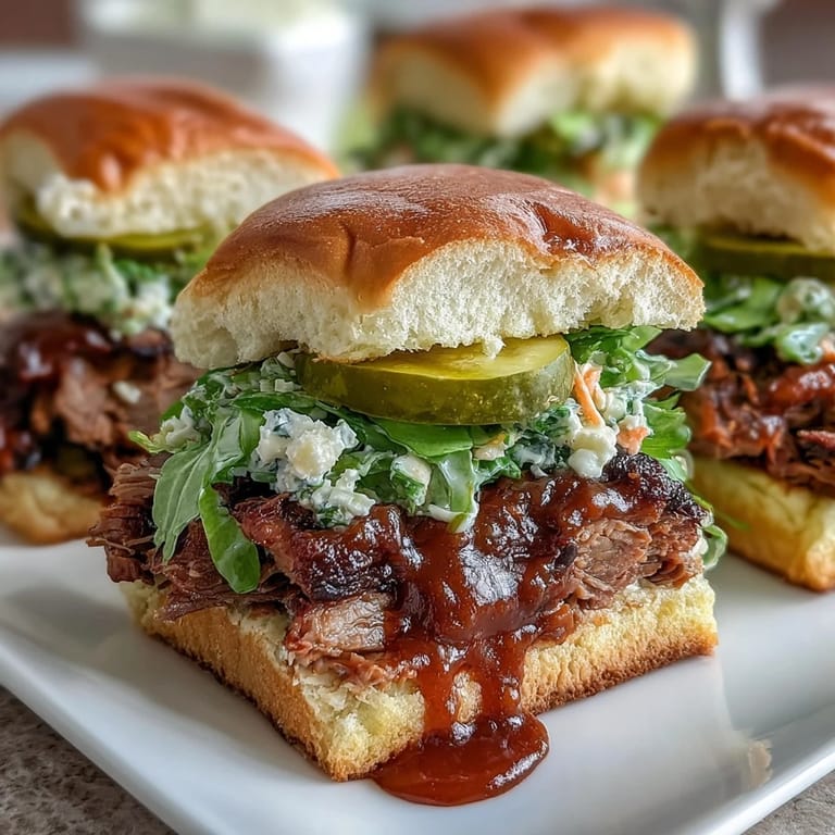 Rauchiges Brisket auf Slider-Brötchen mit frischem Krautsalat und süß-würziger BBQ-Sauce—ideal zum Teilen.