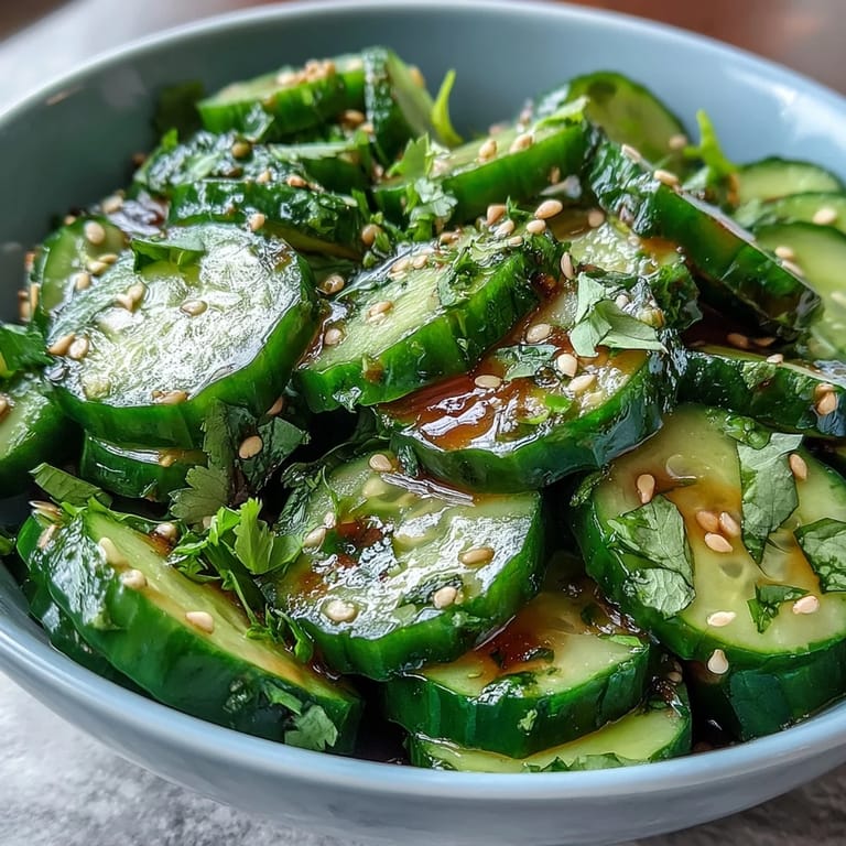 Frische Gurken mit Knoblauch, Ingwer und Sojasauce vermengt, mit Koriander und Chili garniert für extra Würze.