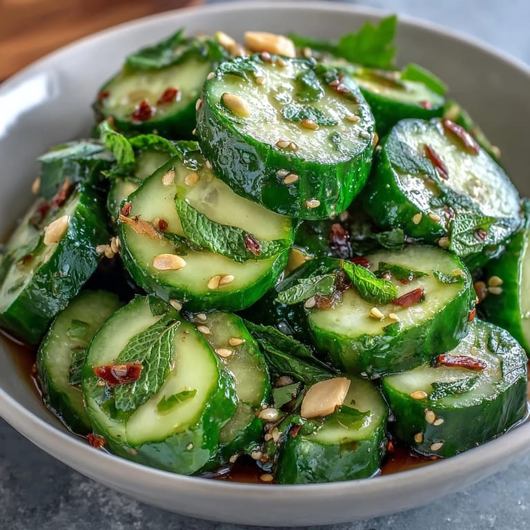 Dünne Gurkenscheiben in einer würzigen Sesam-Reisessig-Vinaigrette, perfekt als erfrischender Vorspeise oder Beilage.  