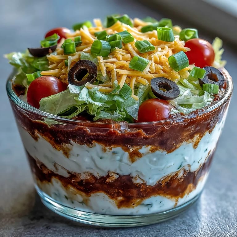 1. Bunte Taco-Dip-Cups mit Schichten aus Bohnen, saurer Sahne, Salat und Käse, perfekt für Partys und mexikanische Feste.