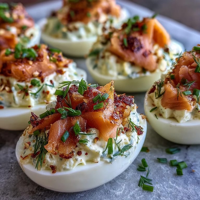 Garnierte Räucherlachs-Deviled-Eggs mit frischem Dill und knusprigem Everything-Seasoning.  