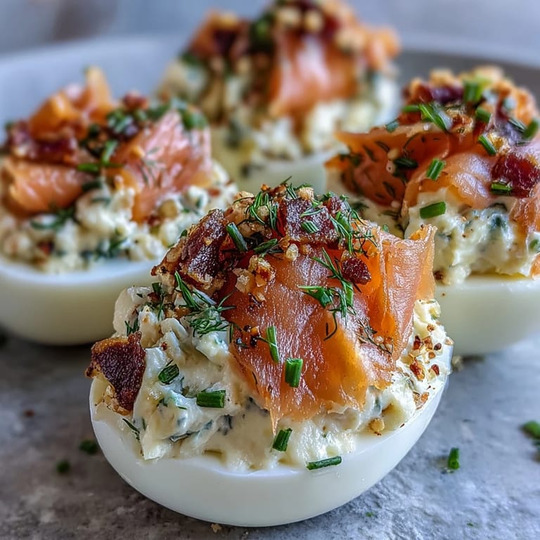 Zarte Räucherlachs-Deviled-Eggs mit cremiger Füllung und goldener Topping-Mischung.