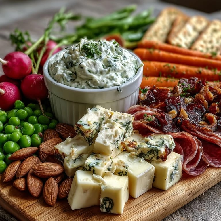 Bunter Frühlings-Charcuterie-Board mit Radieschen, Erbsen und cremigem Kräuter-Dip, serviert mit Crackern.
