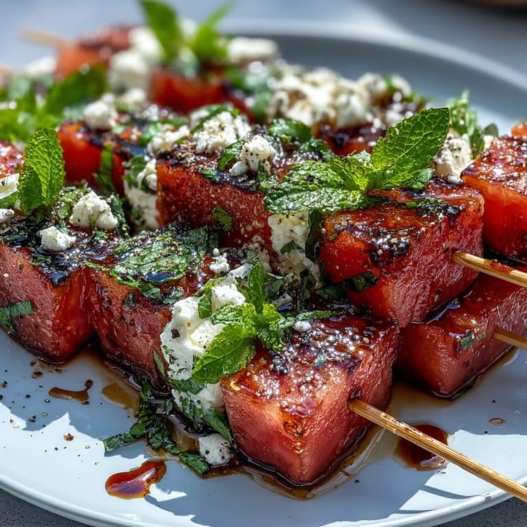 Kleine Spieße mit süßer Wassermelone, salzigem Feta und aromatischer Minze – perfekt für Partys.
