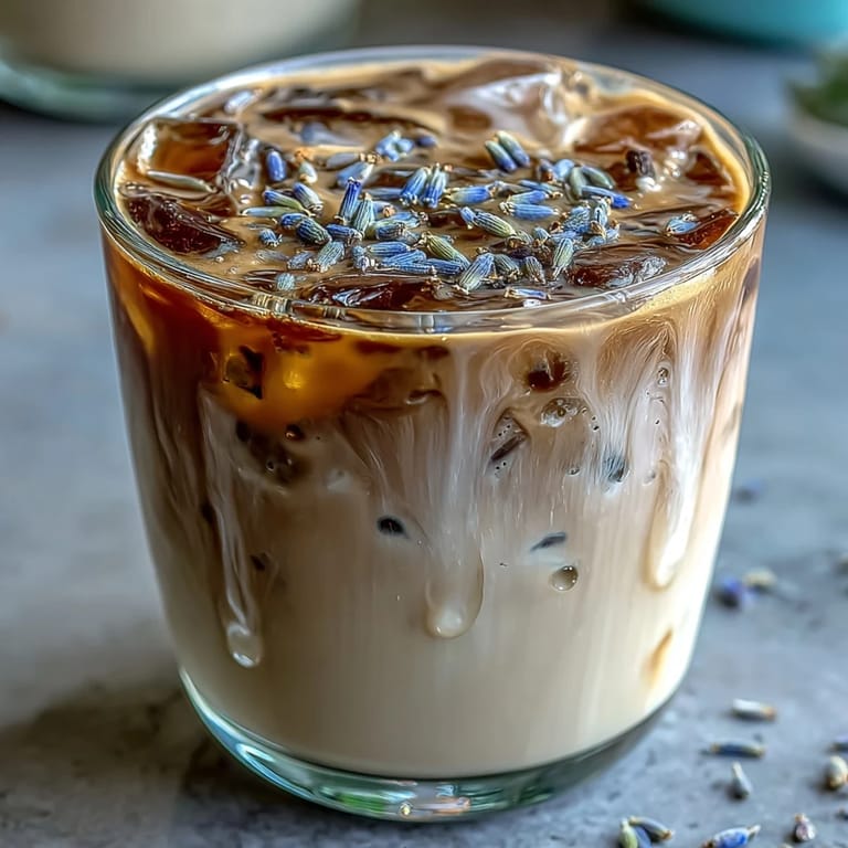 Blumiger Lavendel-Haferdrink-Latte mit reichhaltigem Espresso und zarter Süße