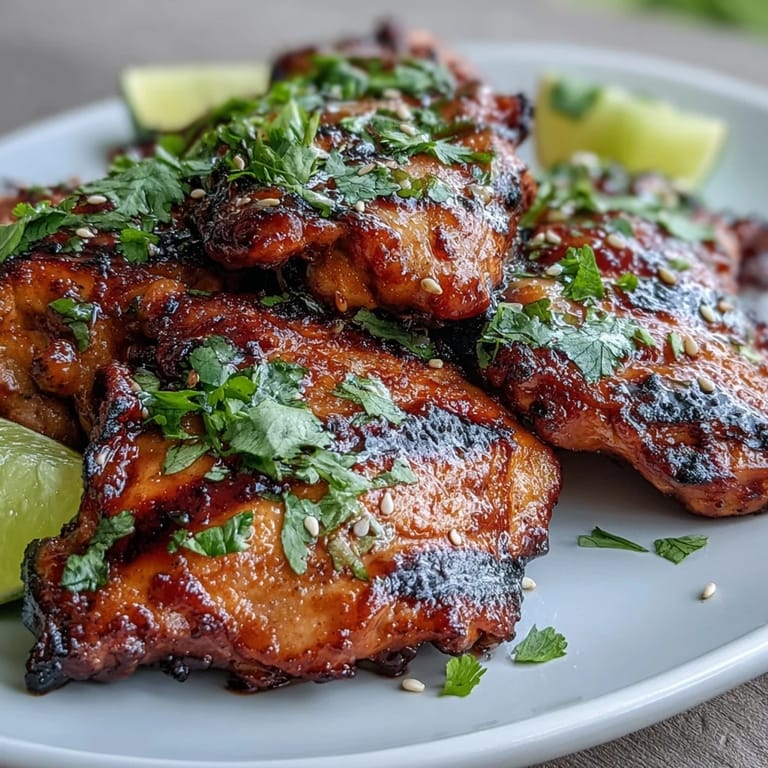 Honey Sriracha Grilled Chicken Thighs mit goldbrauner Kruste und glänzender Marinade auf einem Teller mit frischem Koriander und Limetten.