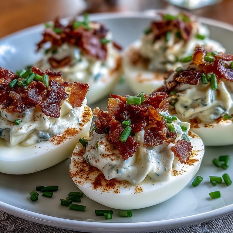 Goldene Eihälften gefüllt mit cremiger Ranch-Speck-Mischung, garniert mit frischem Schnittlauch.