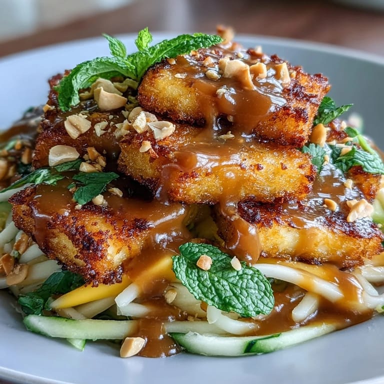 Goldbrauner Tofu auf bunter Mangosalat-Mischung mit knackigem Gemüse und frischen Kräutern.  